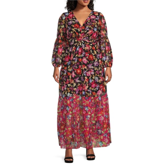 Vince Camuto Black Pink Floral Print Chiffon Long Sleeve V-Neck Maxi Dress NWT - Picture 1 of 8